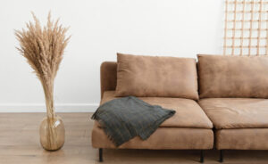 Cozy beige sofa with a gray throw blanket beside a vase of dried plants.